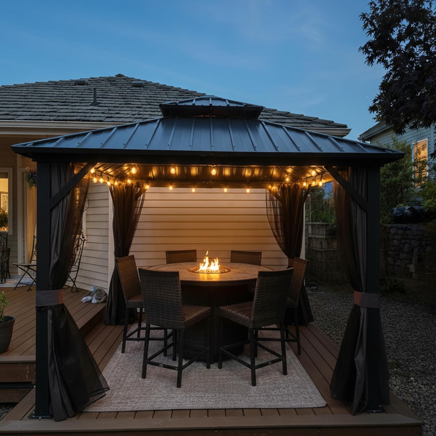 etevert - tonnelle extérieur double toit 3x3m, alu et acier, rideaux, guirlande lumineuse
