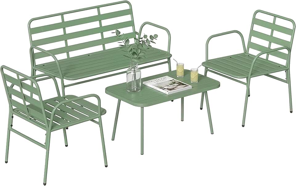 etevert - Salon de jardin 4 pièces - acier vert - canapé et fauteuils