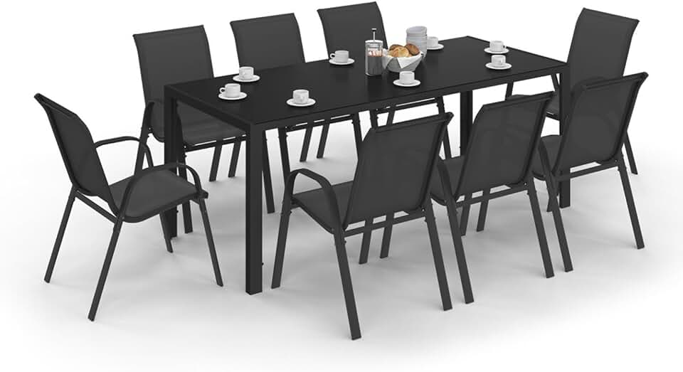 etevert - Madrid salon jardin, table 190cm, 8 chaises empilables noires