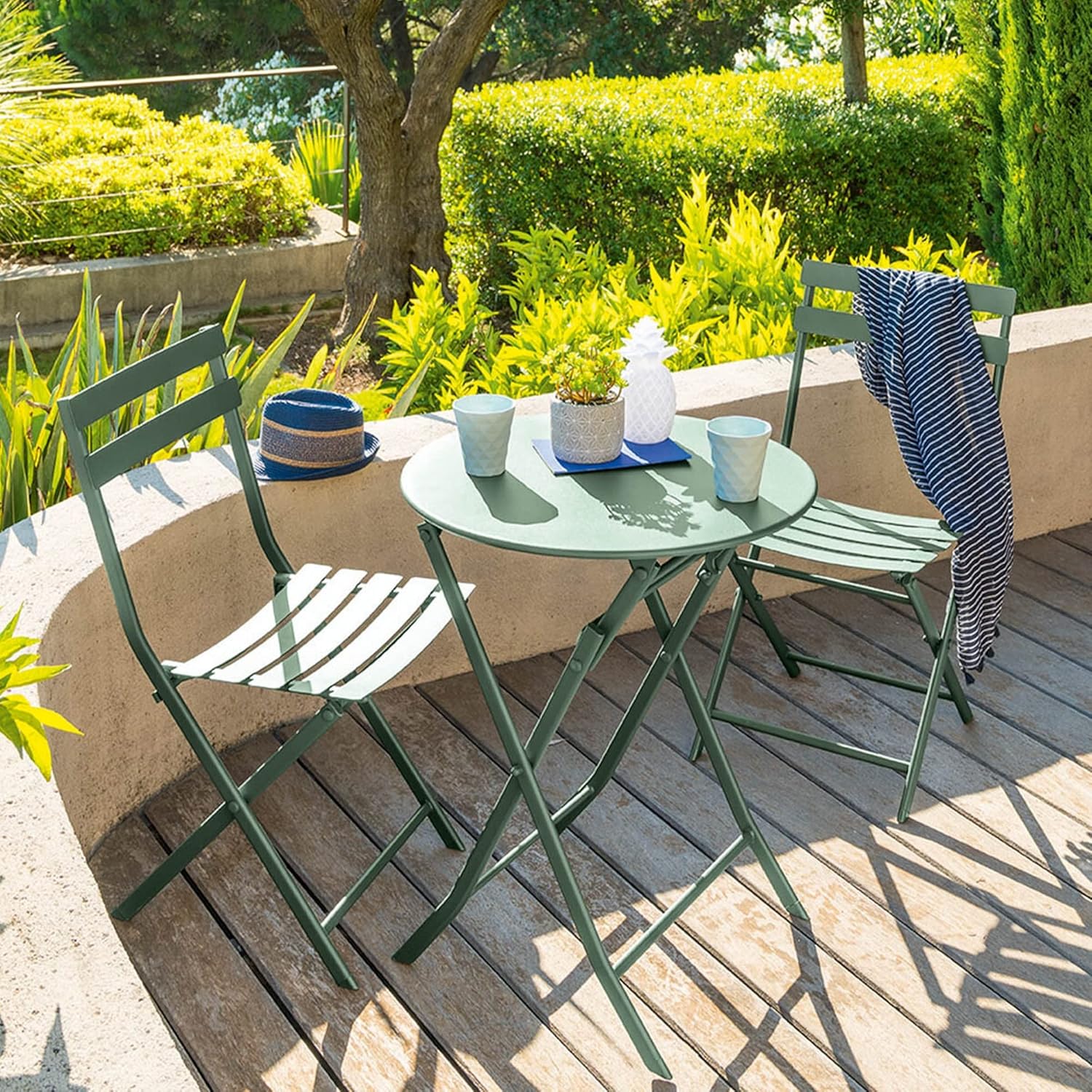 etevert - Greensboro - Ø60 cm - Table de jardin pliante acier vert 2 places