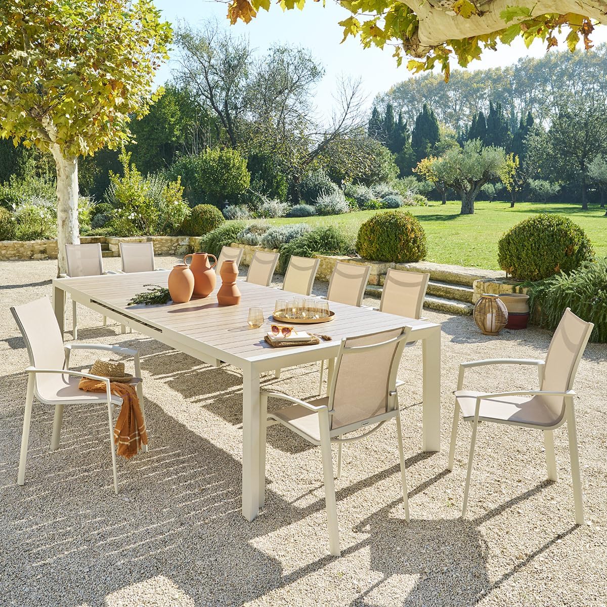etevert - Evasion Argile - table extensible 14 places - aluminium bois antirouille, rallonge