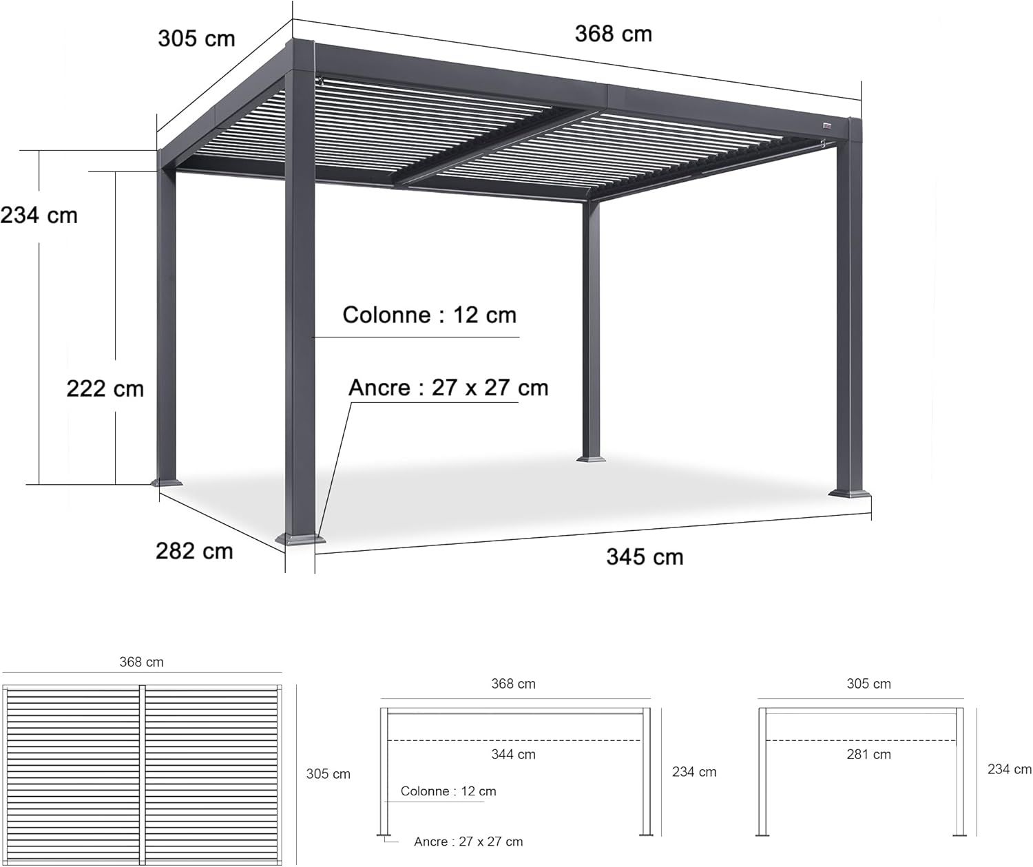 etevert - Pergola bioclimatique - 3 x 3,65 m - aluminium, lames orientables, LED, imperméable