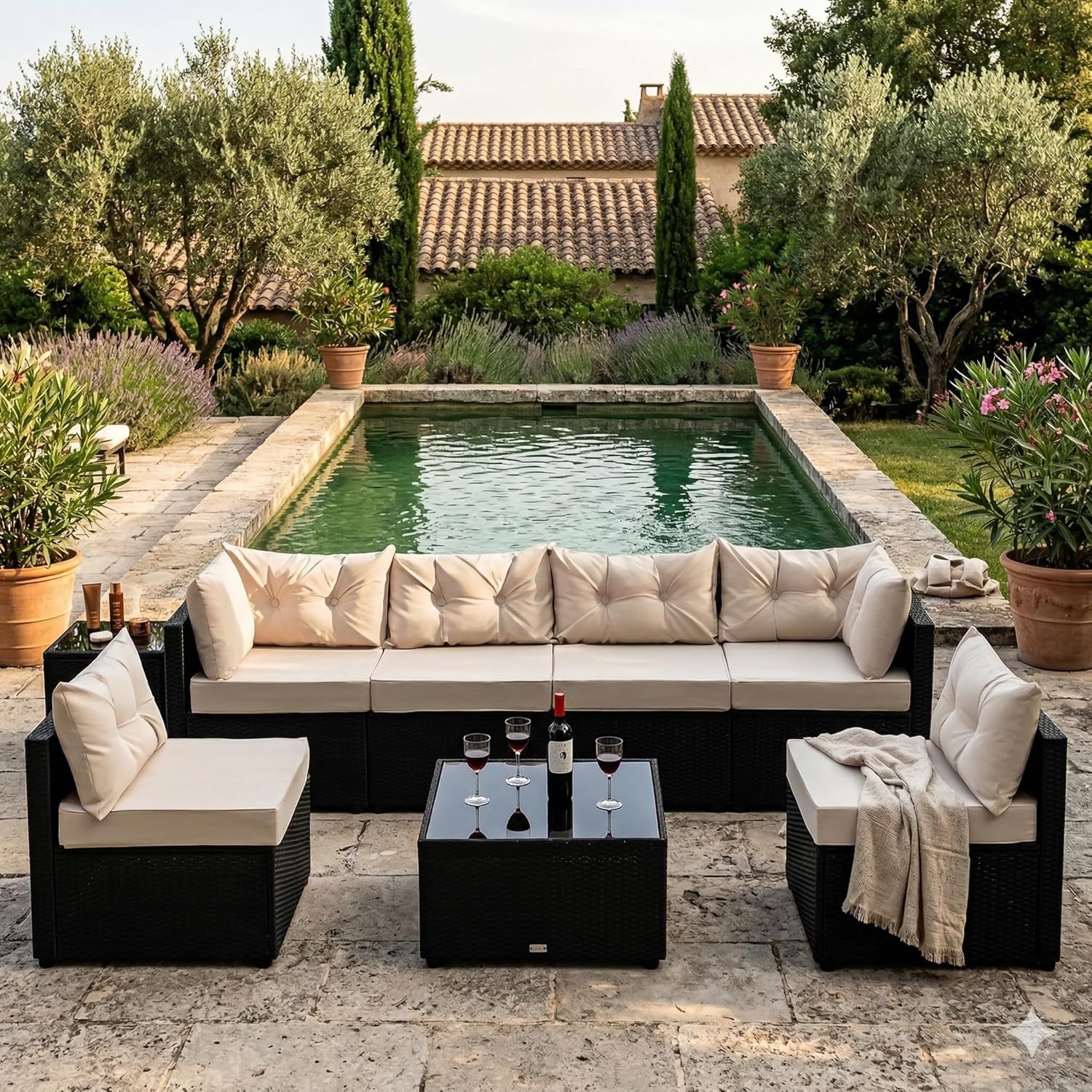 etevert - NACULA - Salon de jardin 5 places, résine tressée, coussins beige, table basse verre, extérieur