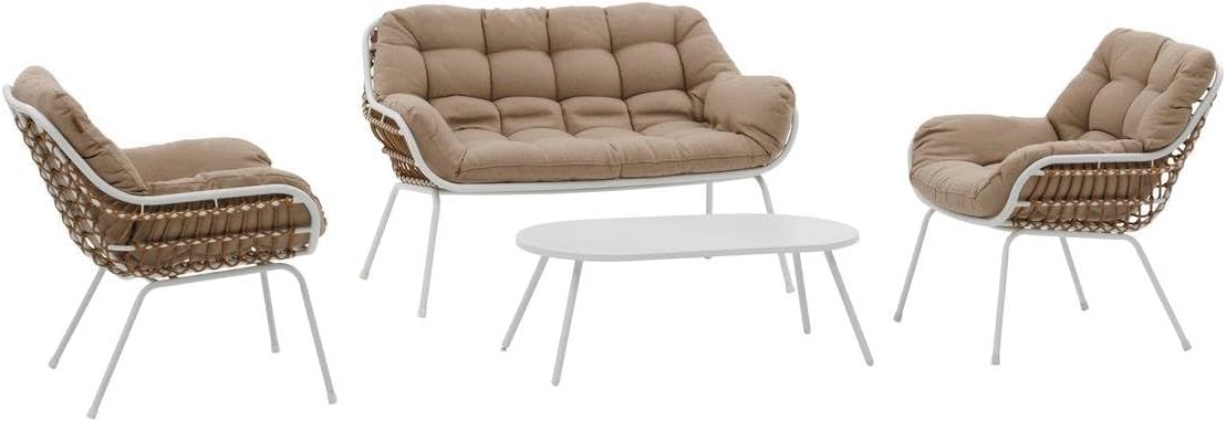 etevert - Paopao Salon de Jardin - 4 places - acier epoxy, pieds ajustables - Blanc et Beige