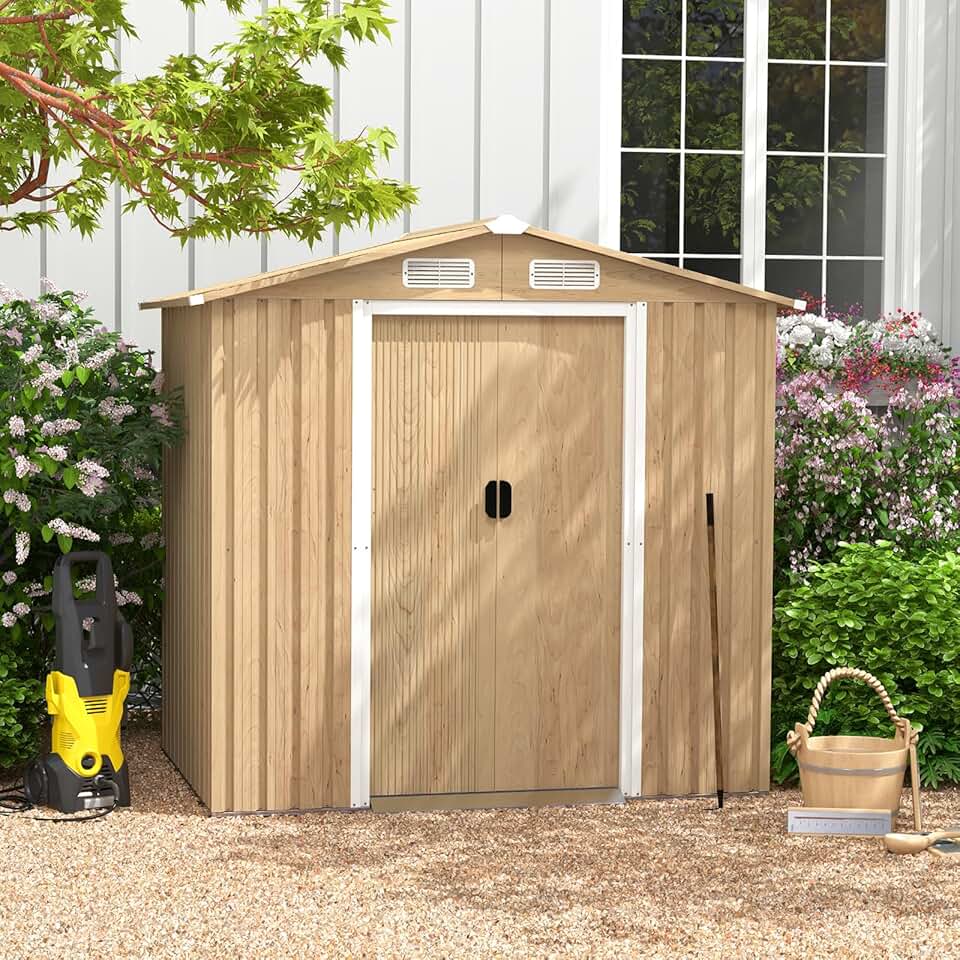 etevert - abri de jardin acier, 196,5x142,5x184,5cm, porte verrouillable, toit incliné, aération