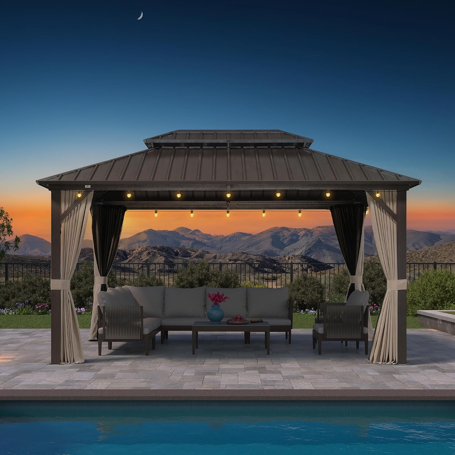 etevert - Pergola toit rigide - 4,25x3m - acier, aluminium, guirlande