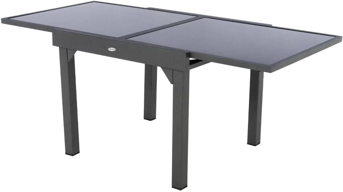 etevert - Table Piazza Gris Graphite extensible 8 places - Aluminium anti-rouille, verre trempé, rallonge coulissante.