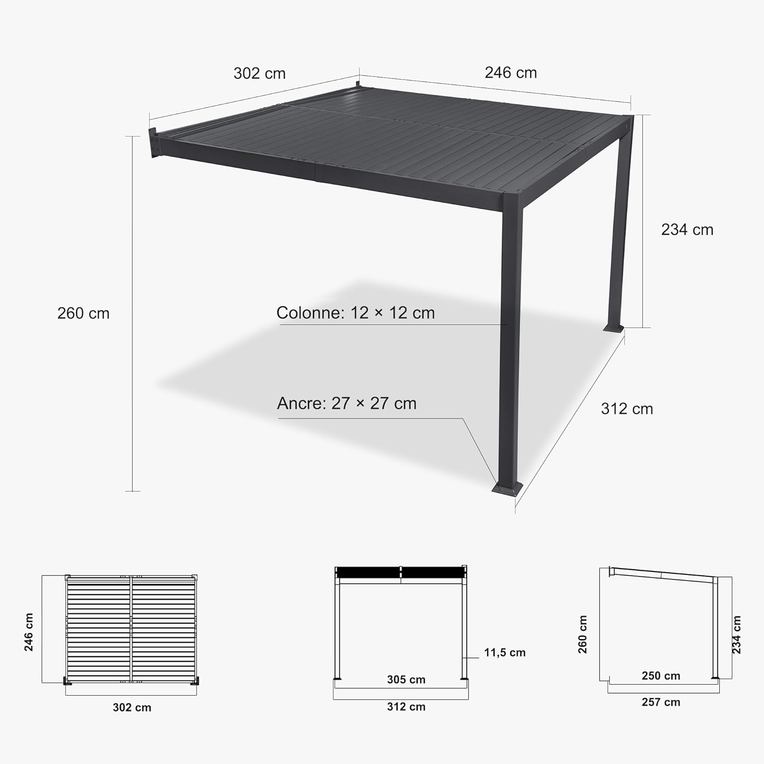 etevert - Pergola bioclimatique adossée - 2,5x3 m - aluminium, lames orientables, résistante intempéries