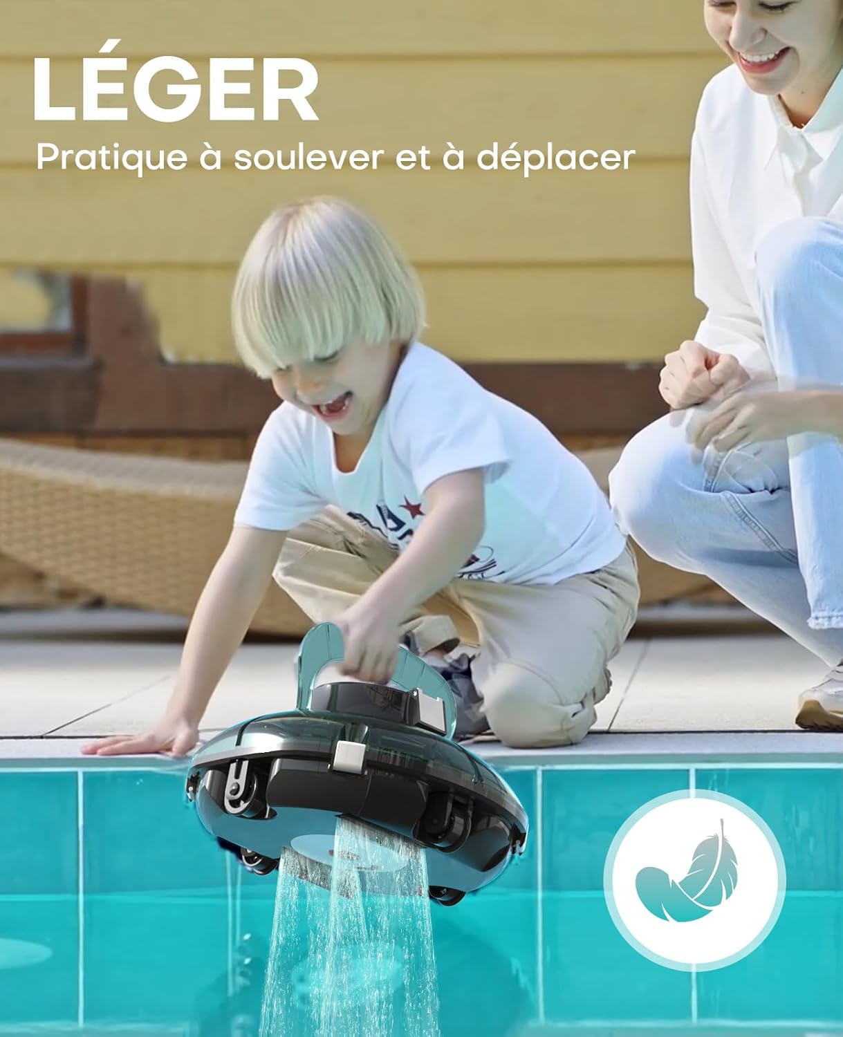 etevert Winny 200 Robot Piscine, Aspirateur Piscine Sans Fil Avec Batterie, Autonomie 75 Min pour Piscines Hors-Sol 60m², Double Filtration,Stationnement Automatique(Transparent Vert Blanc)