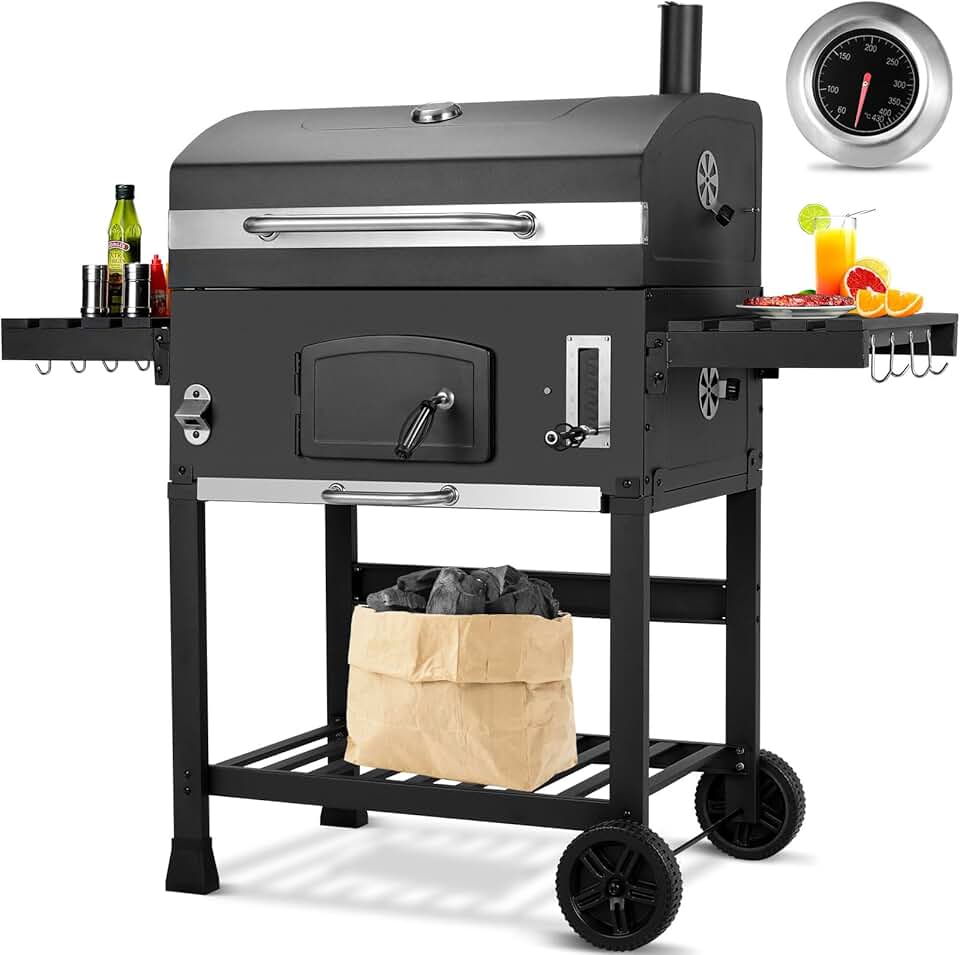 etevert - Barbecue XXL, charbon, chariot, couvercle, thermomètre, fumoir, hauteur réglable