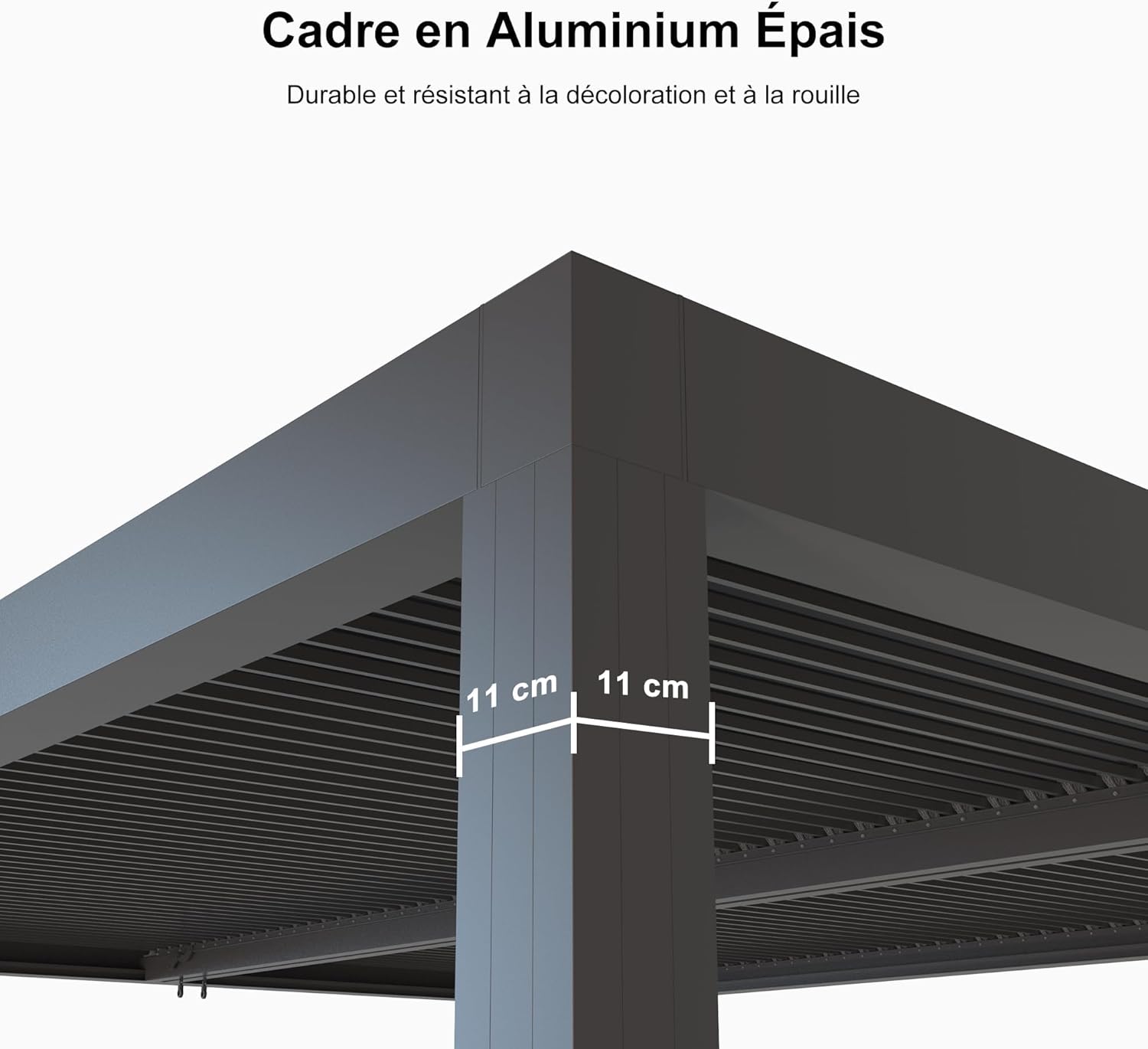 etevert - Pergola aluminium bioclimatique 4,8x3m, lames orientables, persiennes fixes, gris