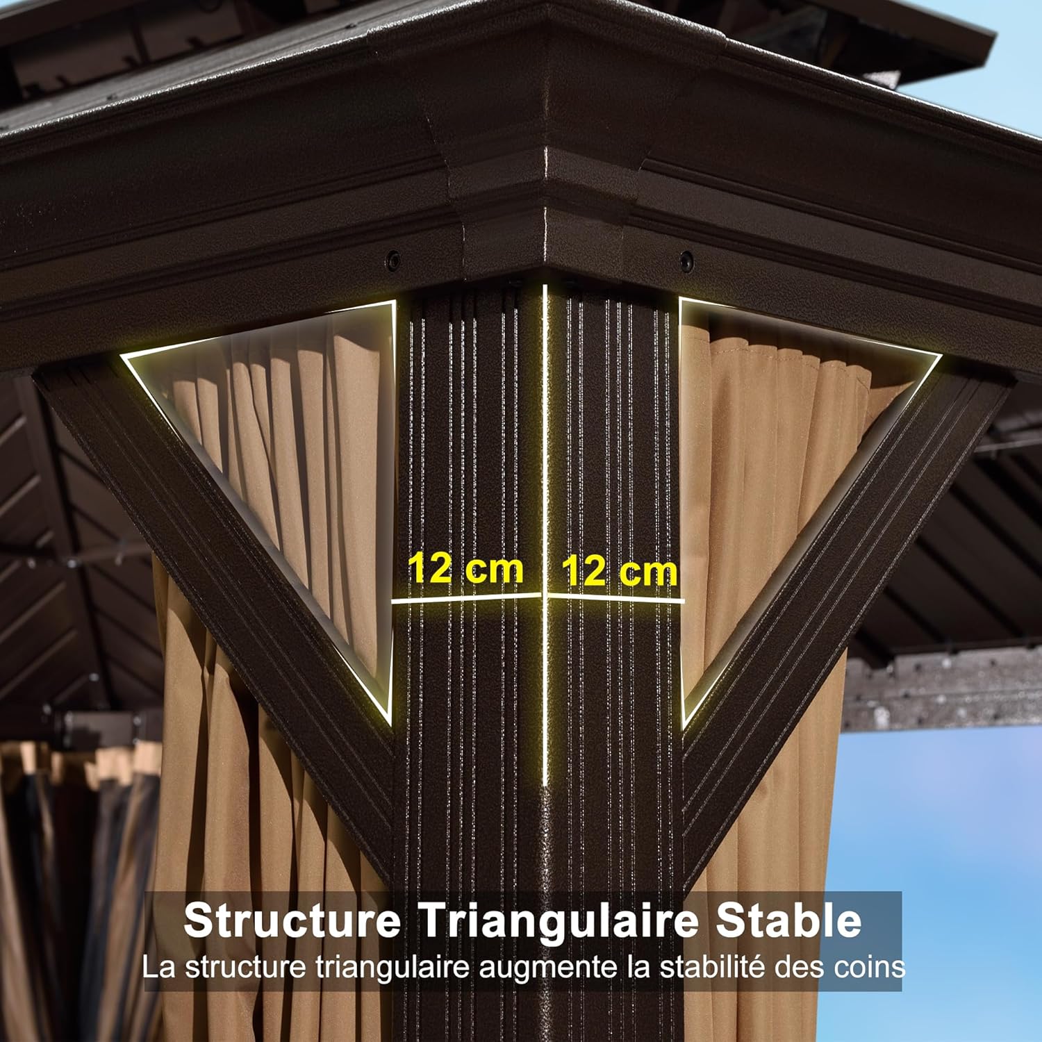 etevert - Tonnelle aluminium série éclairée - 4,85x3,65 m - gouttière, rideaux moustiquaires, poteaux renforcés, bro