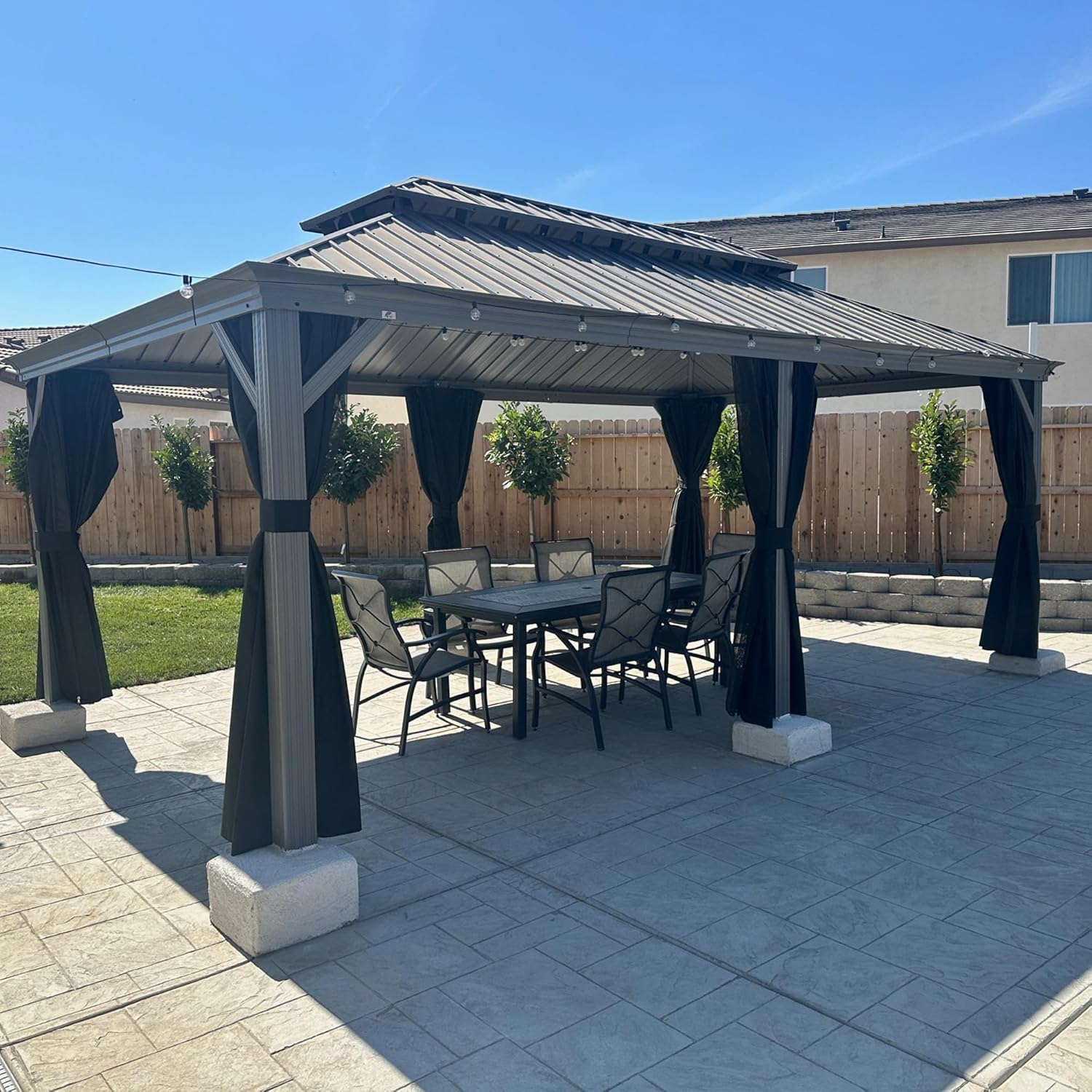 etevert - Pergola double toit aluminium 3,65x6m rideaux LED, Gris -