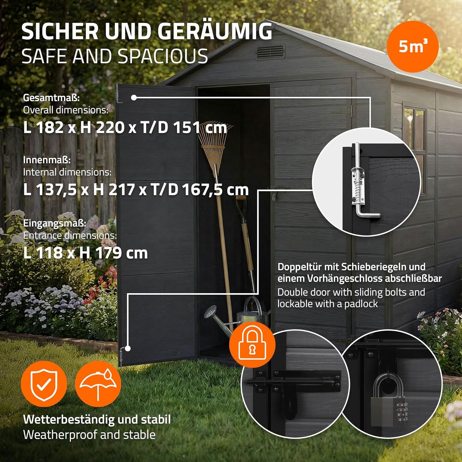 etevert - Abri de jardin résine 151x182x220 cm double porte, 5m³, fenêtre, ventilation
