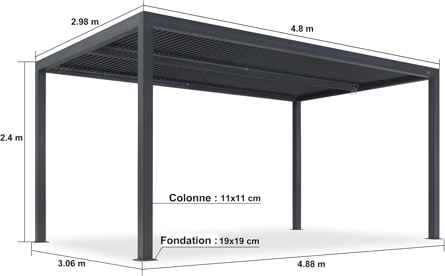 etevert - Pergola aluminium bioclimatique 4,8x3m, lames orientables, persiennes fixes, gris