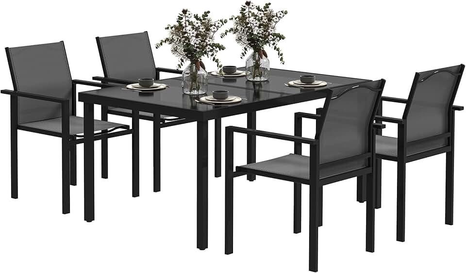 etevert - salon de jardin extérieur 4 places - table verre 140 cm, chaises empilables, noir