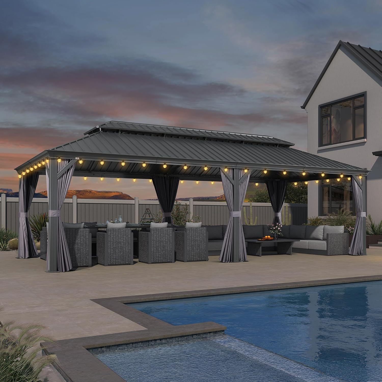etevert - Pergola série extérieure - 8,5x4,25m - alu, LED, rideaux, moustiquaires, gouttière