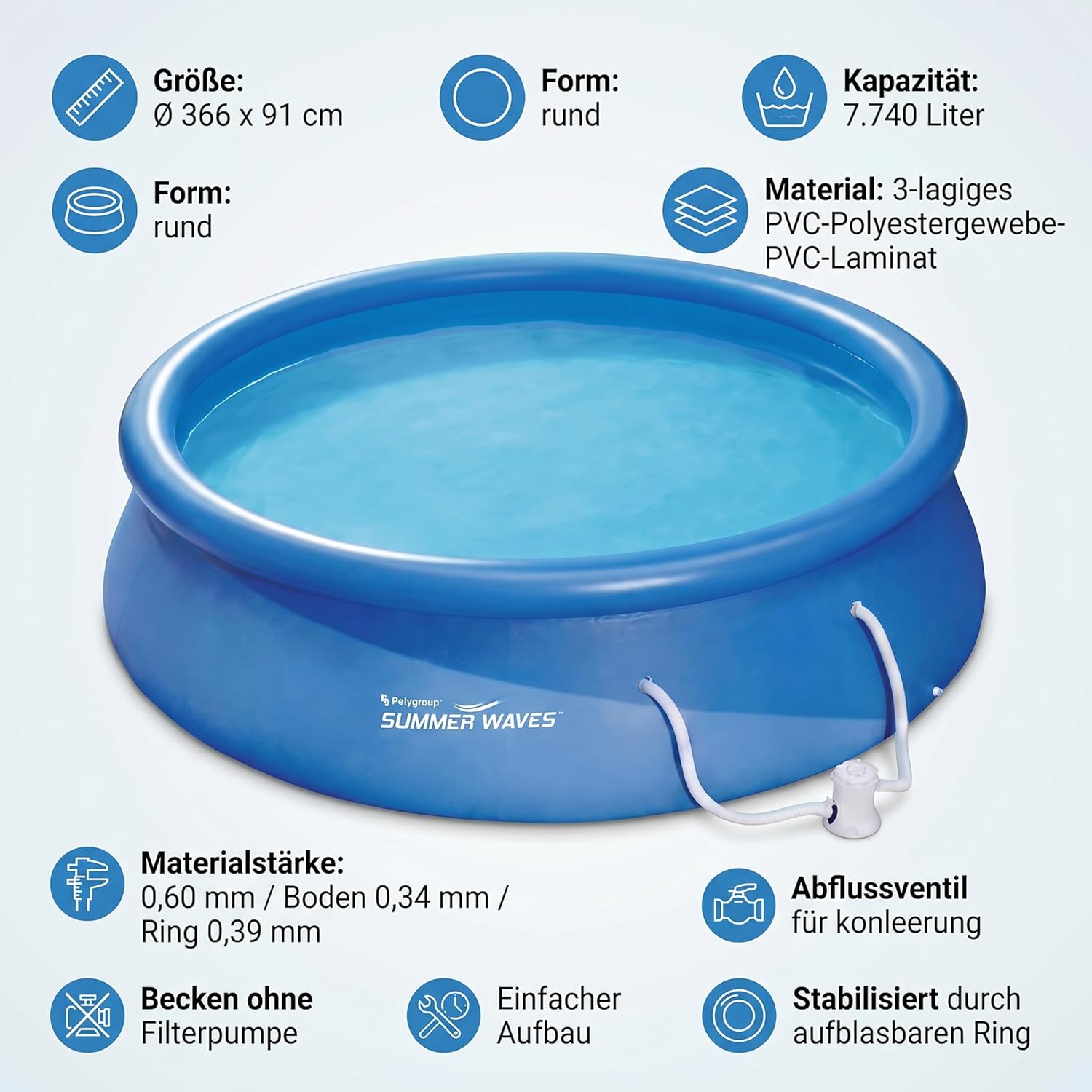 etevert Piscine de 366 x 91 cm, installation rapide, idéale pour la famille, avec pompe de filtration