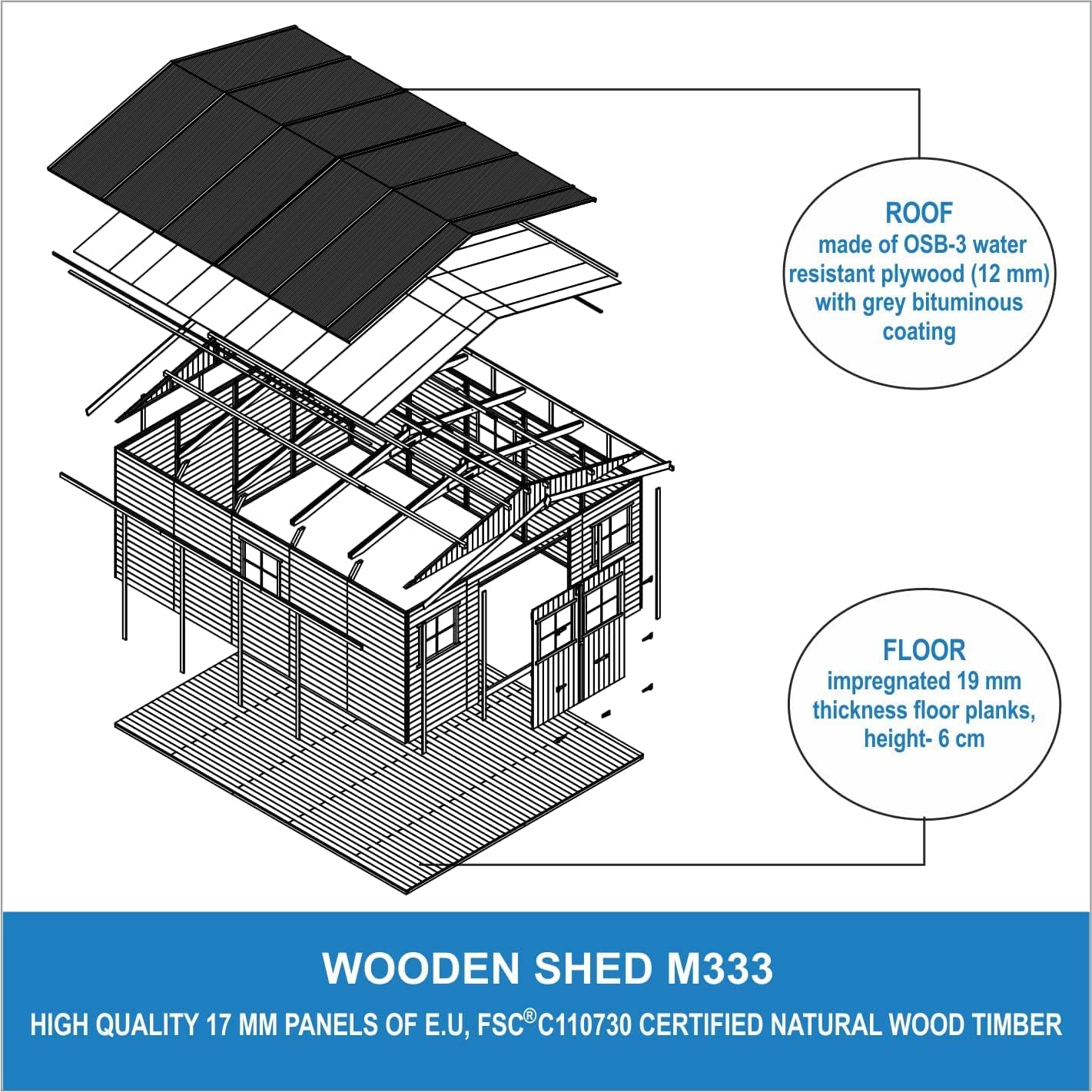 Abri de Jardin en Bois Exterieur avec Les PLANCHERS IMPRÉGNÉ- Maison de Jardin en Pin/épicéa-H246x418x522 cm/20 m²-Construction de Panneaux- Rangement pour vélos, Remise à Outils-etevert M333 +M333G