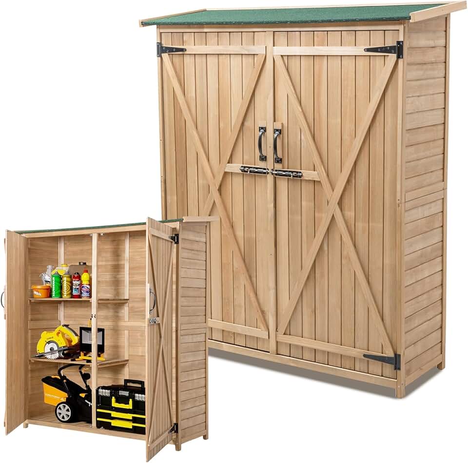 etevert Abri de Jardin en Bois 140x50x162 cm, Abri à Outils avec Toit en Asphalte Incliné, Portes et Étagères Double Fermeture, Meuble de Rangement pour Extérieur Arrière-Cour Patio Pelouse