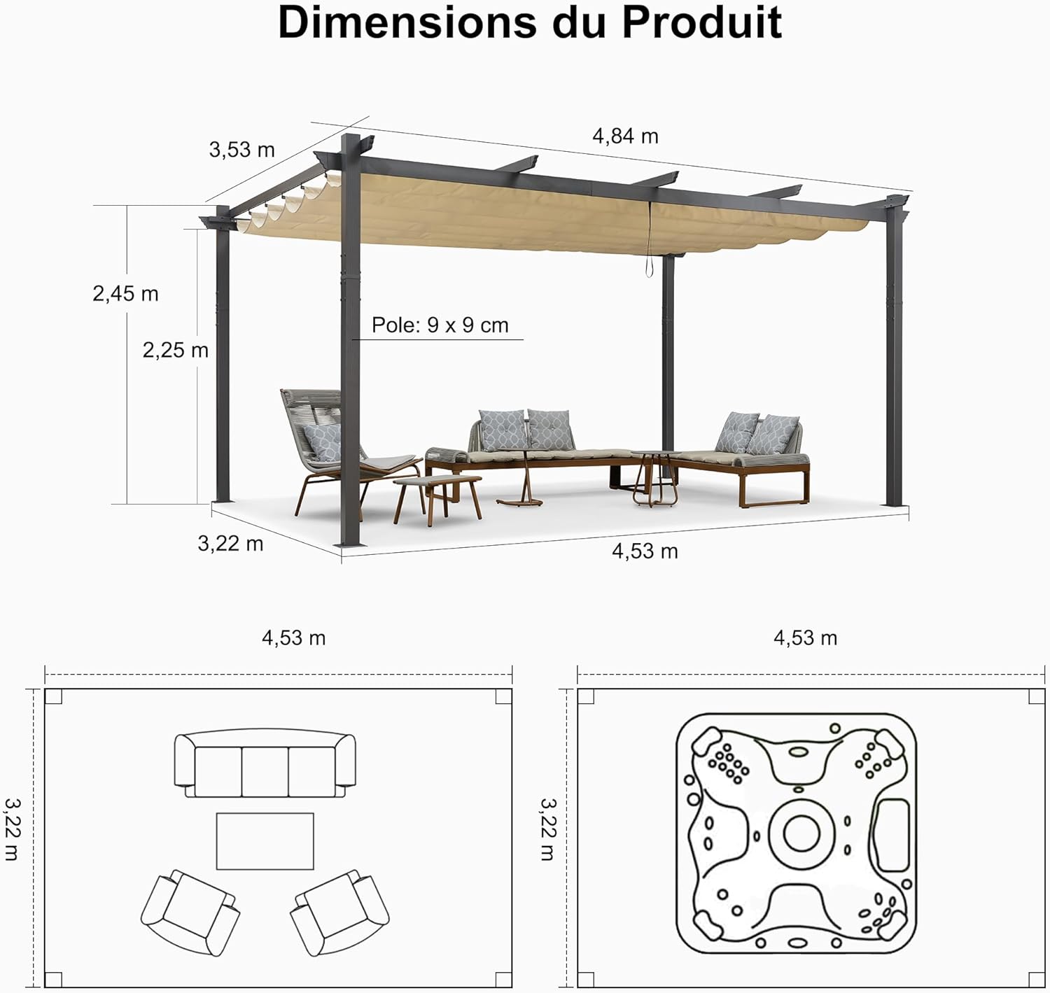 etevert - Pergola aluminium série - 4,8x3,5m - toit coulissant, tissu teint fil, kaki