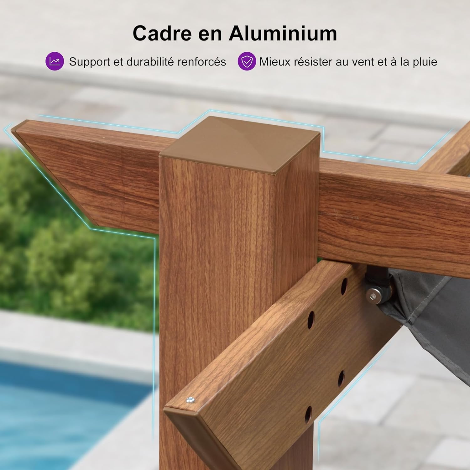 etevert - Pergola aluminium - 4x3m - toile rétractable, teck, imperméable
