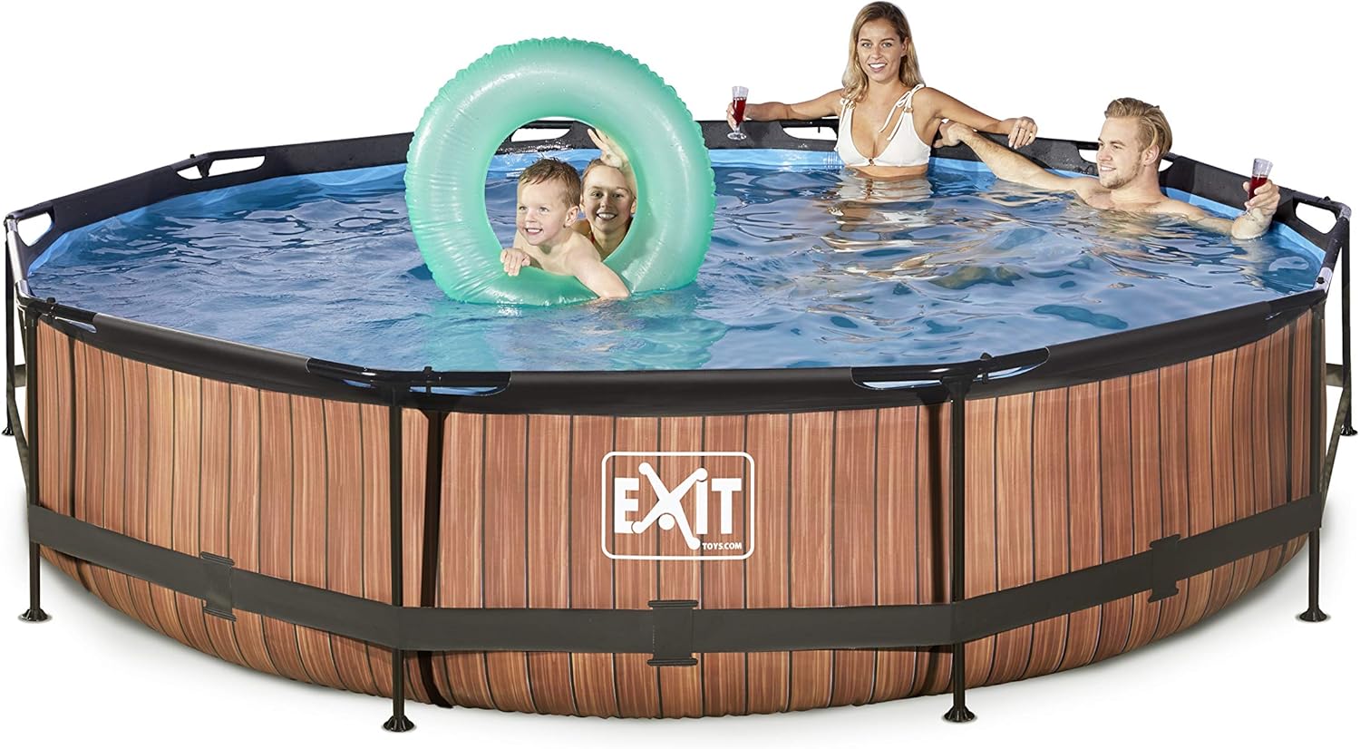 etevert Piscine Tubulaire Wood - ø360x76cm - Piscine Hors Sol Ronde Grande avec Pompe Filtrante à Cartouche - Entrée Basse - Idéal pour Les Jeunes Enfants - Cadre Stable - Design Unique - Marron