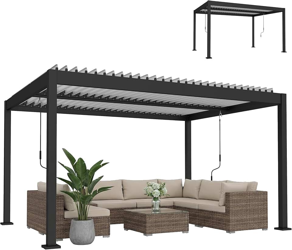 etevert - Pergola Bioclimatique - 4x3m - alu blanc, toit lames orientables, manivelle
