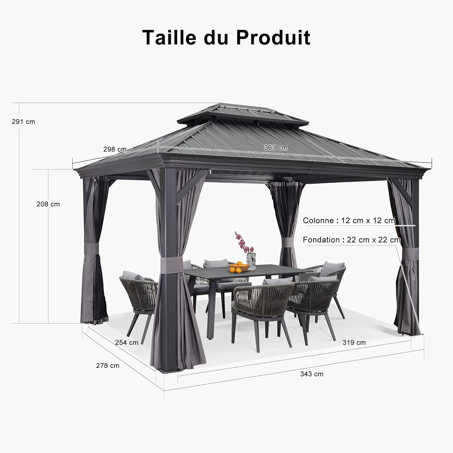etevert - tonnelle aluminium 4x3m, éclairage intégré, rideaux, gouttière