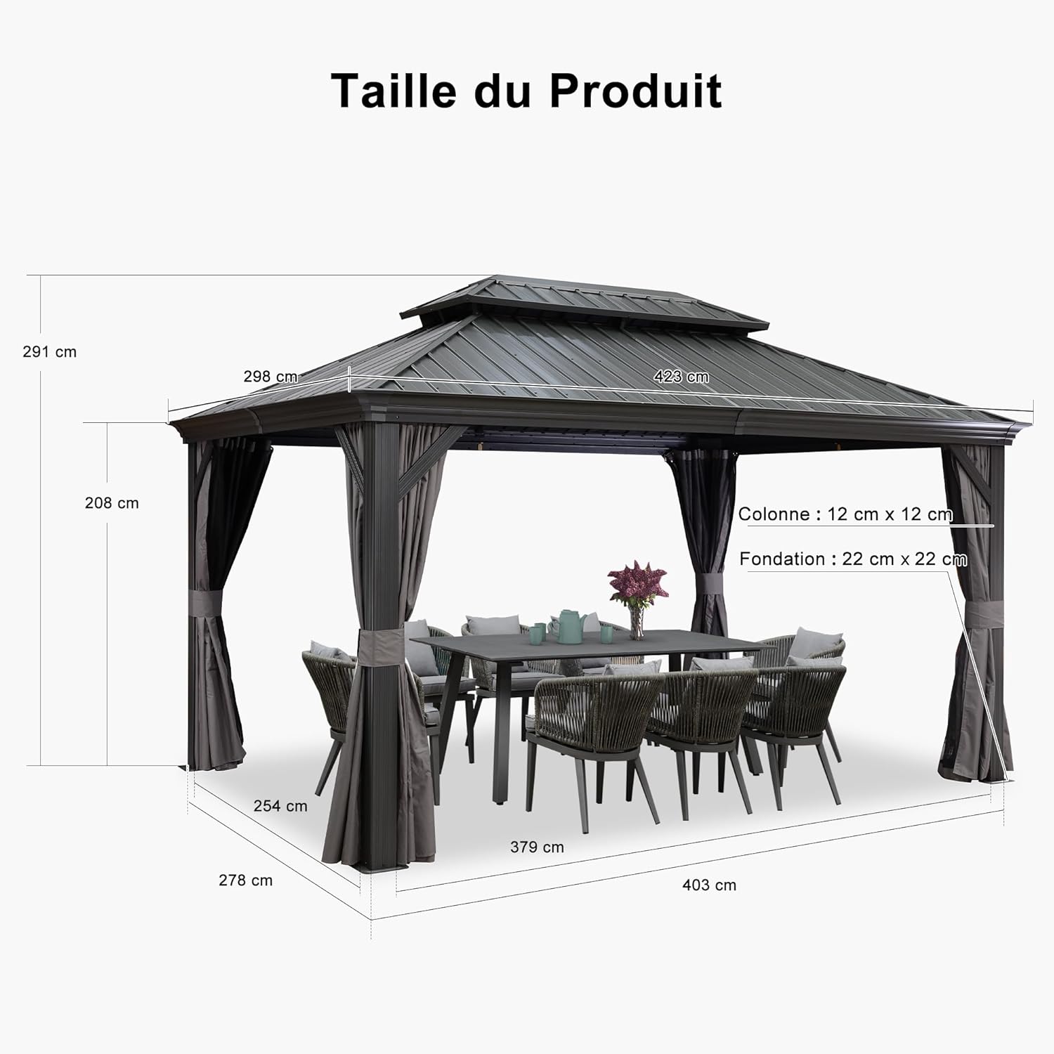 etevert - Tonnelle Jardin 4,25x3 m - acier galvanisé, rideaux épais, gouttière