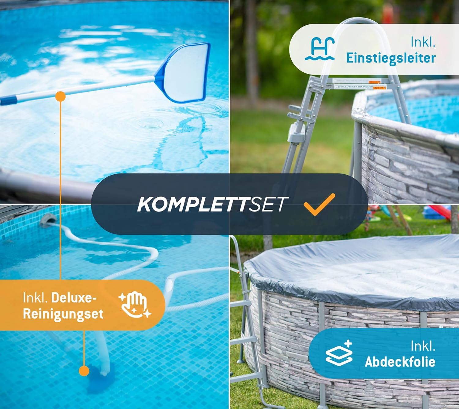 etevert - Frame Pool Kit rond - 427x107 cm - aspect pierre grise, pompe à filtre