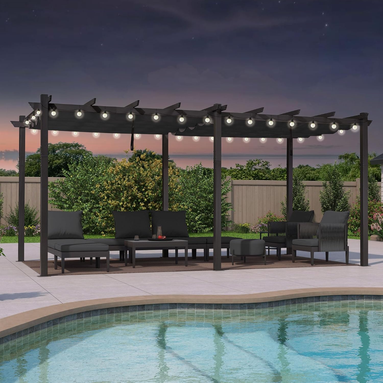 etevert - Pergola Aluminium 5.5 x 3.5 m - Éclairage LED intégré, toit rétractable, tissu teinté, structure résistant