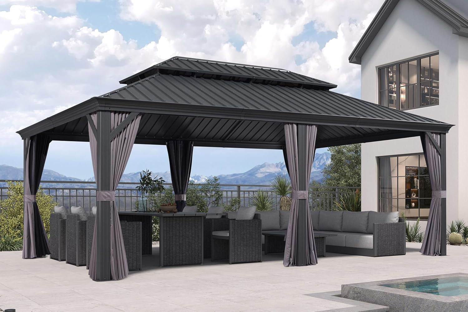 etevert - Pergola Série Extérieur - 6x4m - Toit acier, moustiquaire, rideaux, gouttière