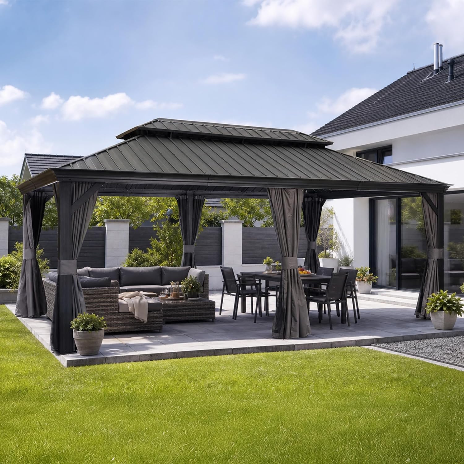 etevert - Pergola double toit acier - 6x3,65m - moustiquaire, rideaux, gouttière, poteaux renforcés