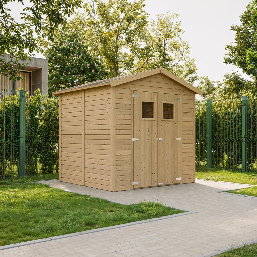 Abri de Jardin en Bois Naturel - Stockage extérieur avec fenêtres H228x222x233 cm/4,2 m² Hangar en Bois Naturel - Atelier Rangement Outils et vélos- etevert M351