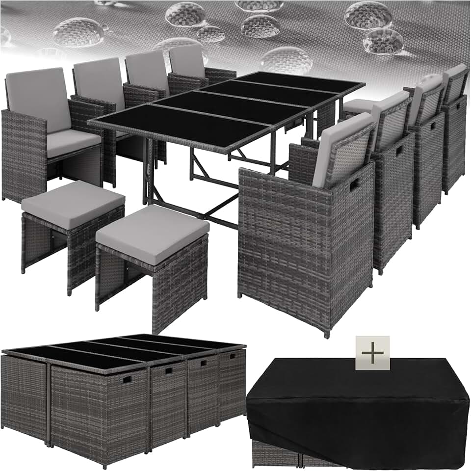 etevert - Salon Résine Tressée, 8 chaises, 4 tabourets, table, gris