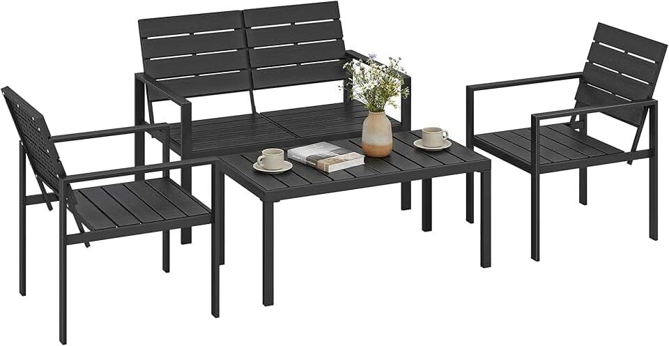 etevert - salon de jardin 4 pièces - canapé 2 places, table basse, fauteuils, noir