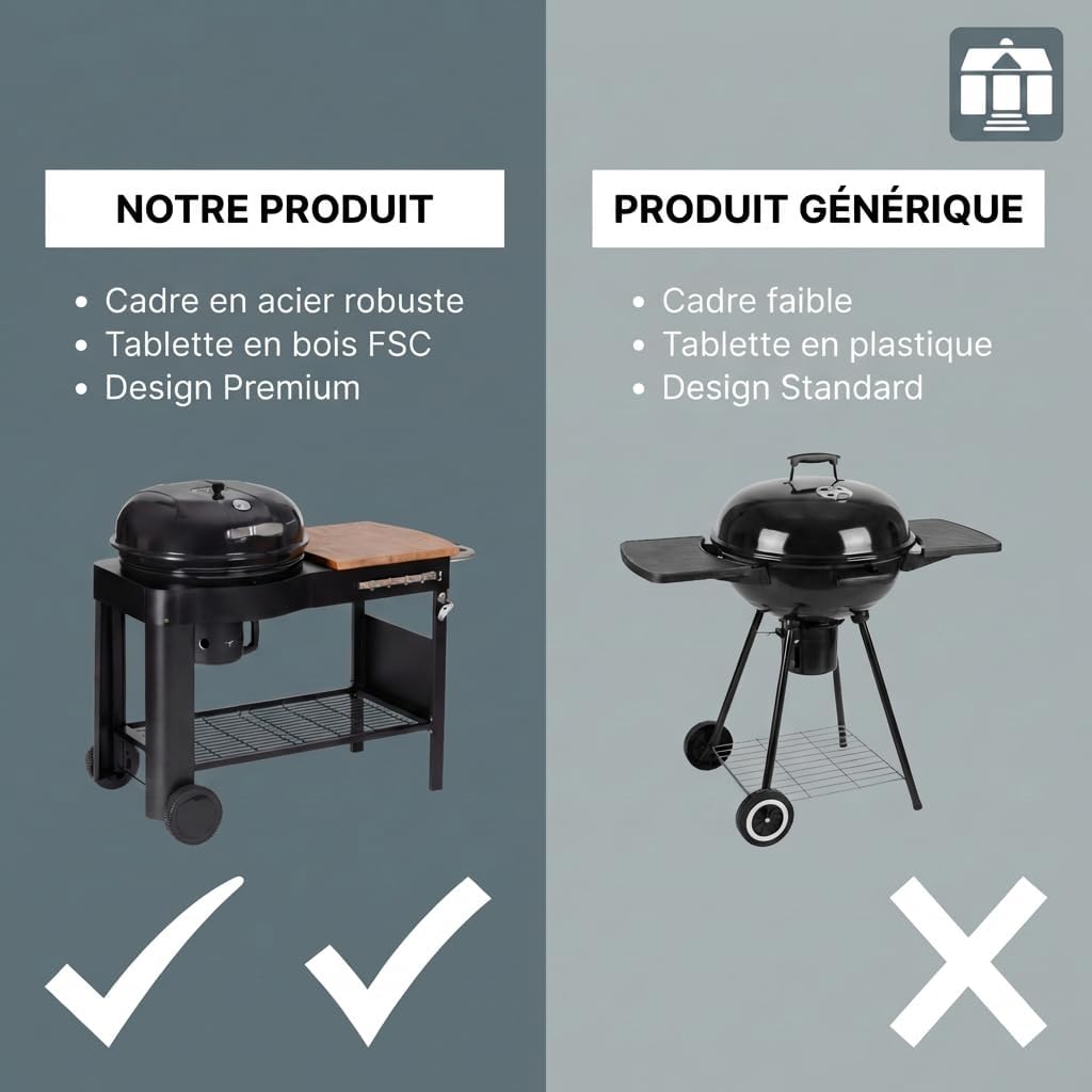 etevert - Barbecue Calgary - acier/bois - couvercle thermomètre, tablettes, 2 roues, noir