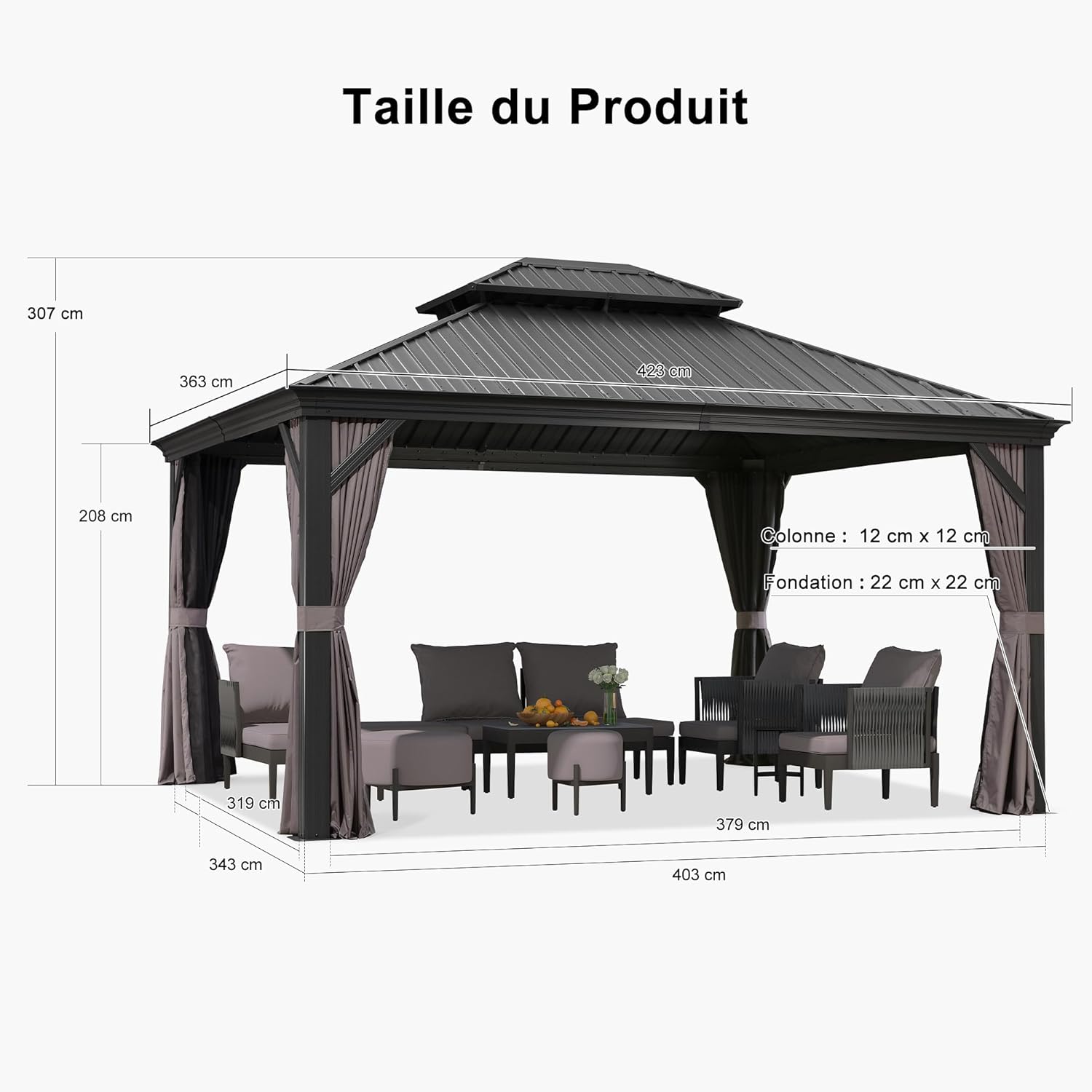 etevert - tonnelle jardin - 4,25x3,65m - toit acier, moustiquaire, rideaux, poteaux renforcés