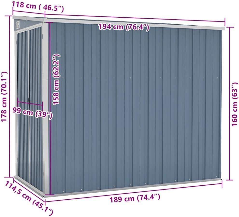 etevert Abri de Jardin Mural Gris 118x194x178 cm Acier galvanisé,Maison & Jardin, Pelouses & Jardins, Vie en extérieur, Structures extérieures, Cabanes & abris de Jardin, Gris (Poids 31.54KG)