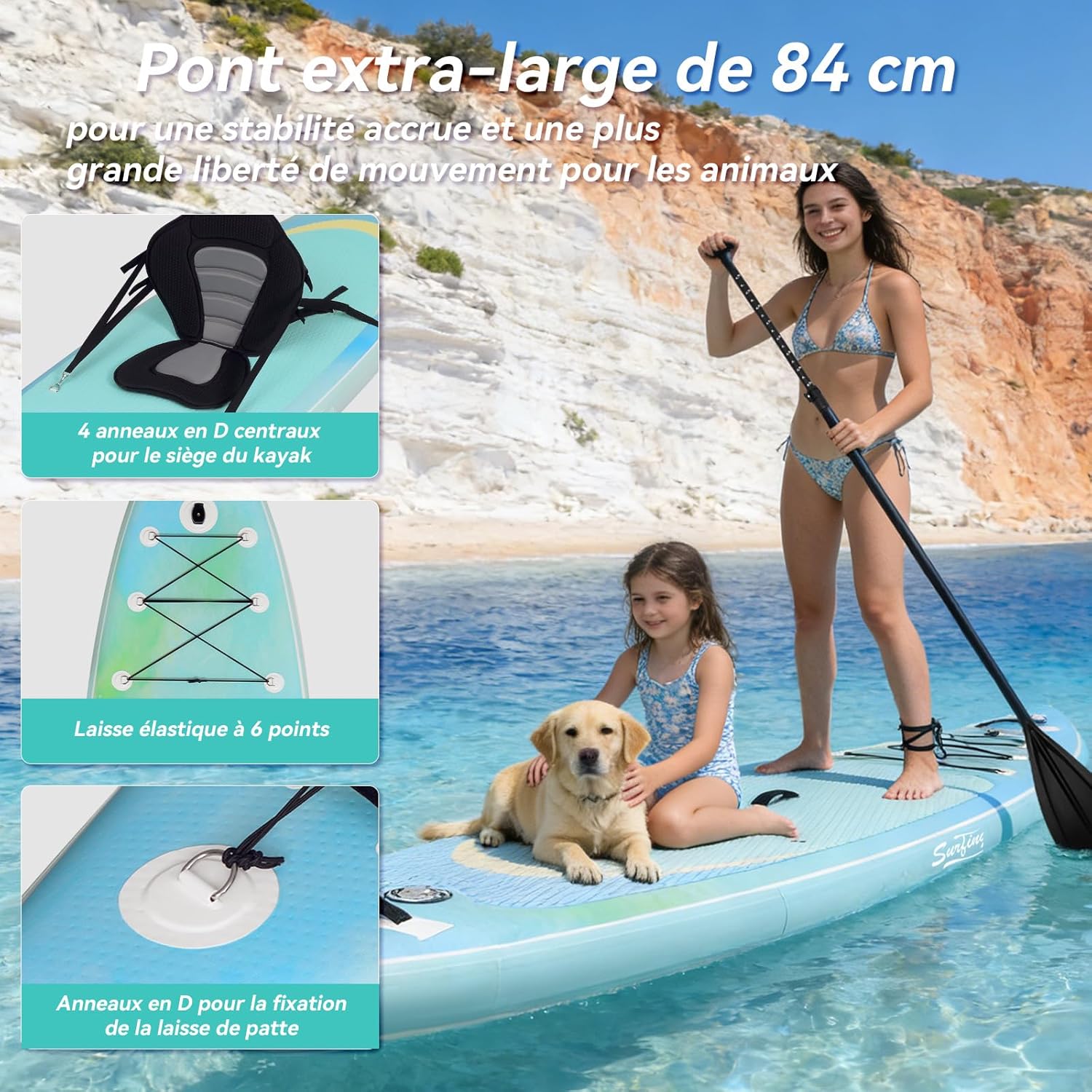 etevert - paddle gonflable adulte - 320/335cm - 2 places, siège kayak, pagaie alu, support caméra, pompe, 150 kg