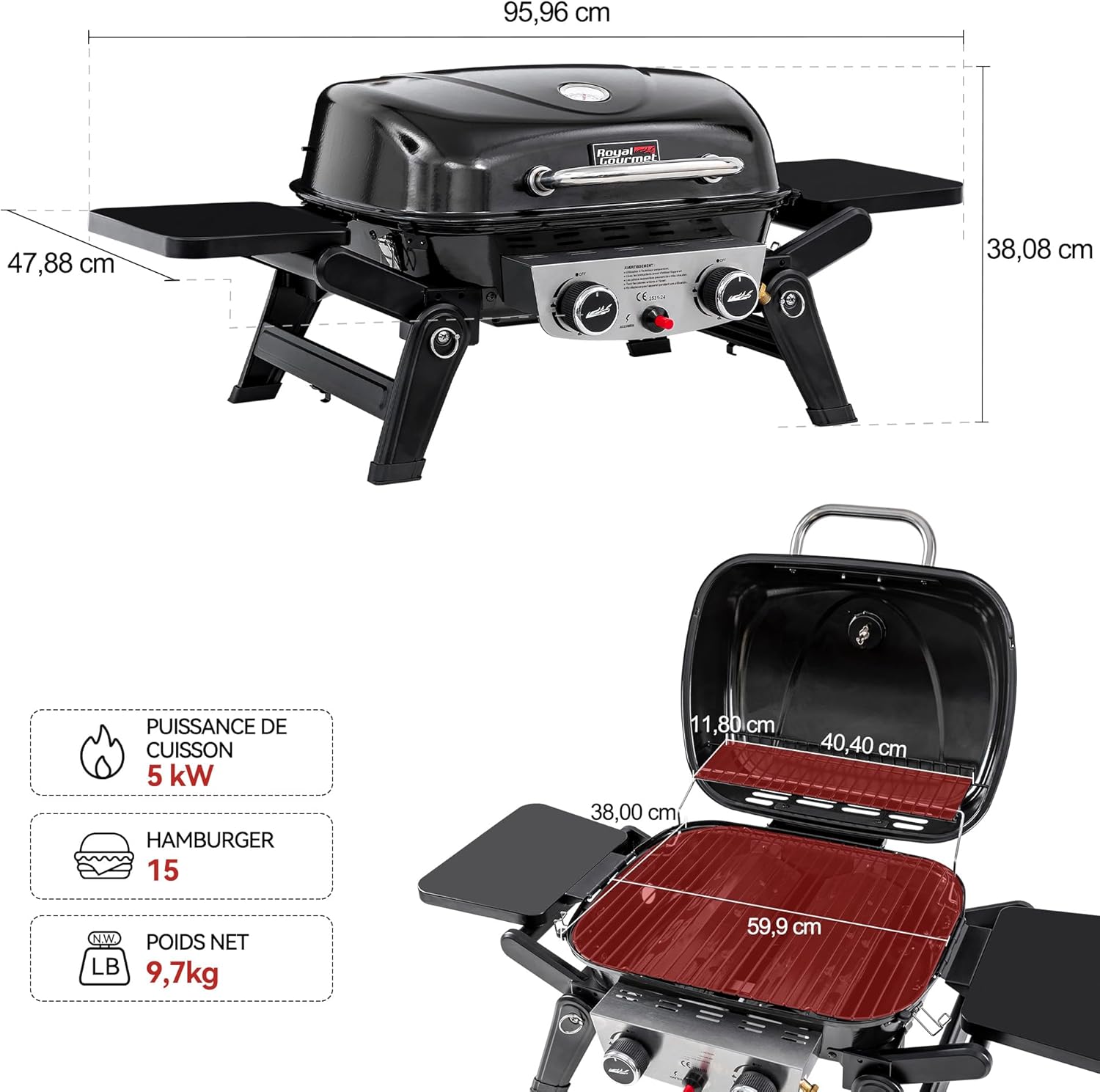 etevert - Barbecue Gaz 2 brûleurs - 48x37 cm - tables pliables, 5kW