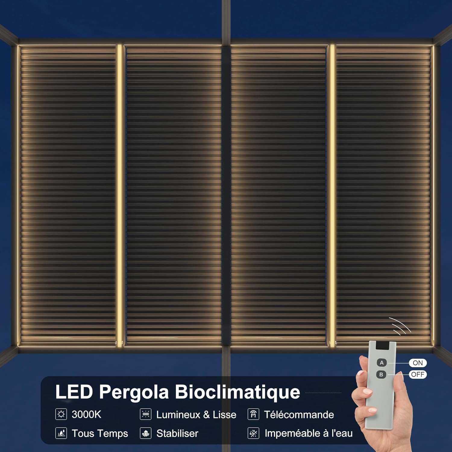 etevert - Pergola bioclimatique - 6 x 3,68 m - alu, LED, gouttières, gris