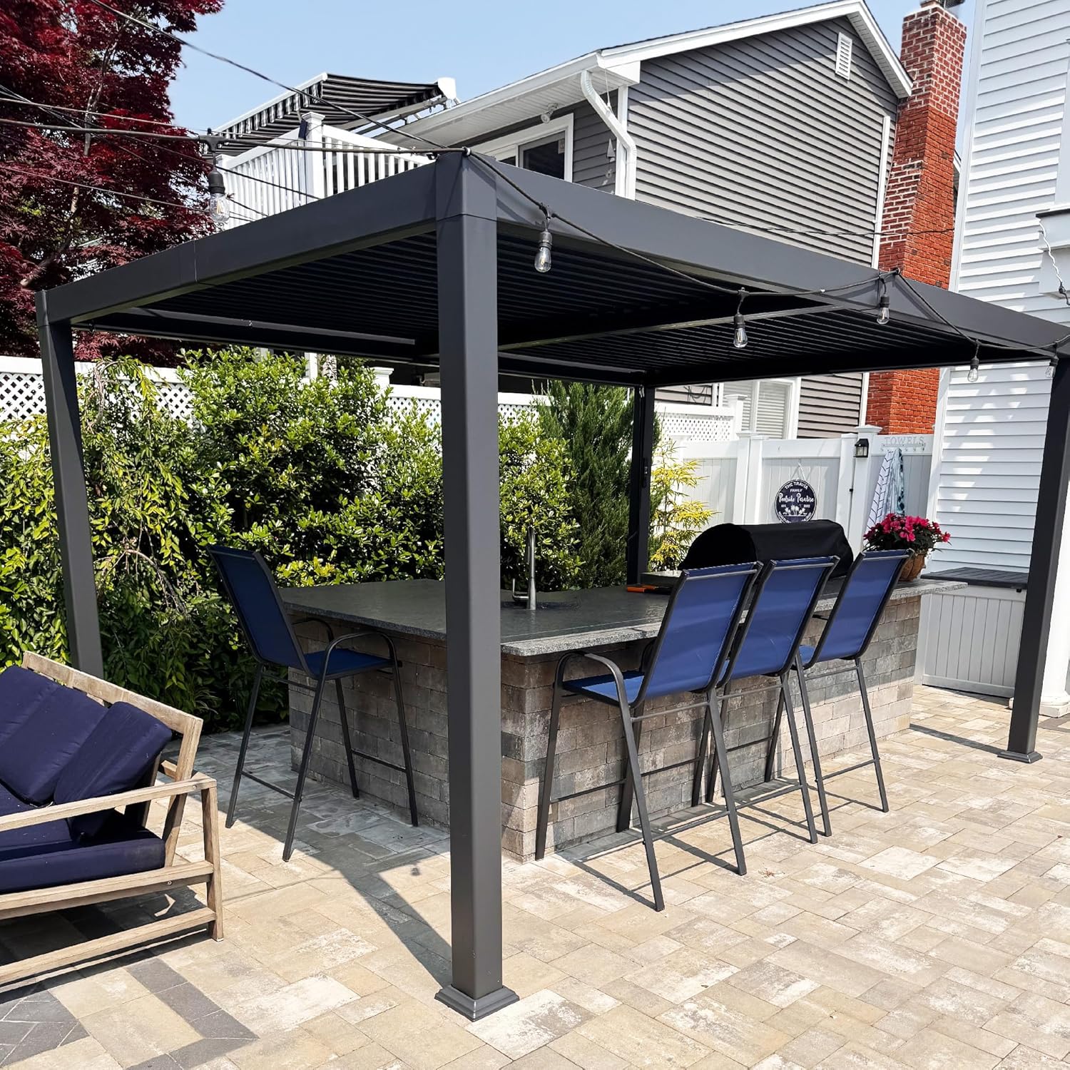 etevert - pergola bioclimatique - 3x3,65m - aluminium, lames orientables, gris