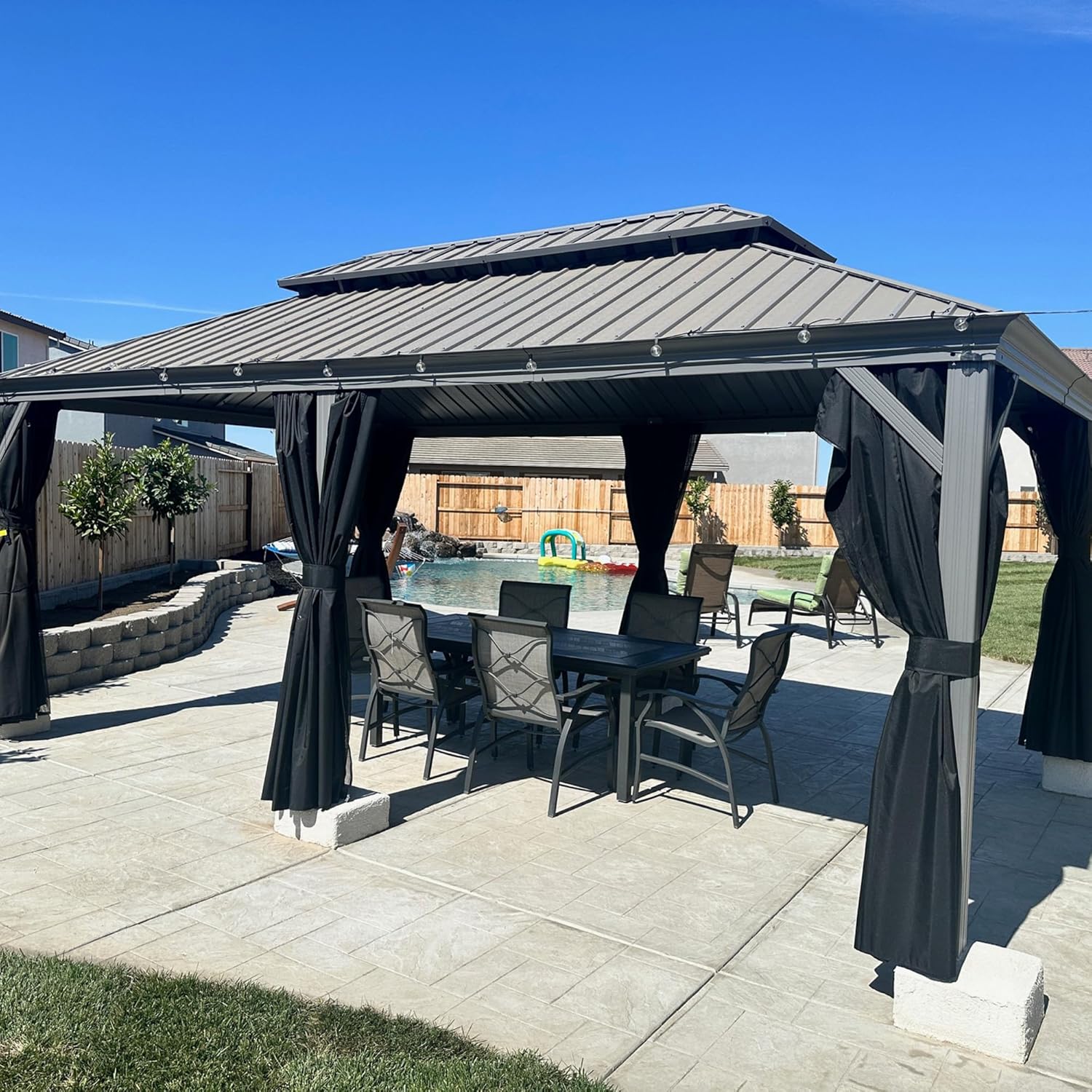etevert - Pergola double toit aluminium 3,65x6m rideaux LED, Gris -