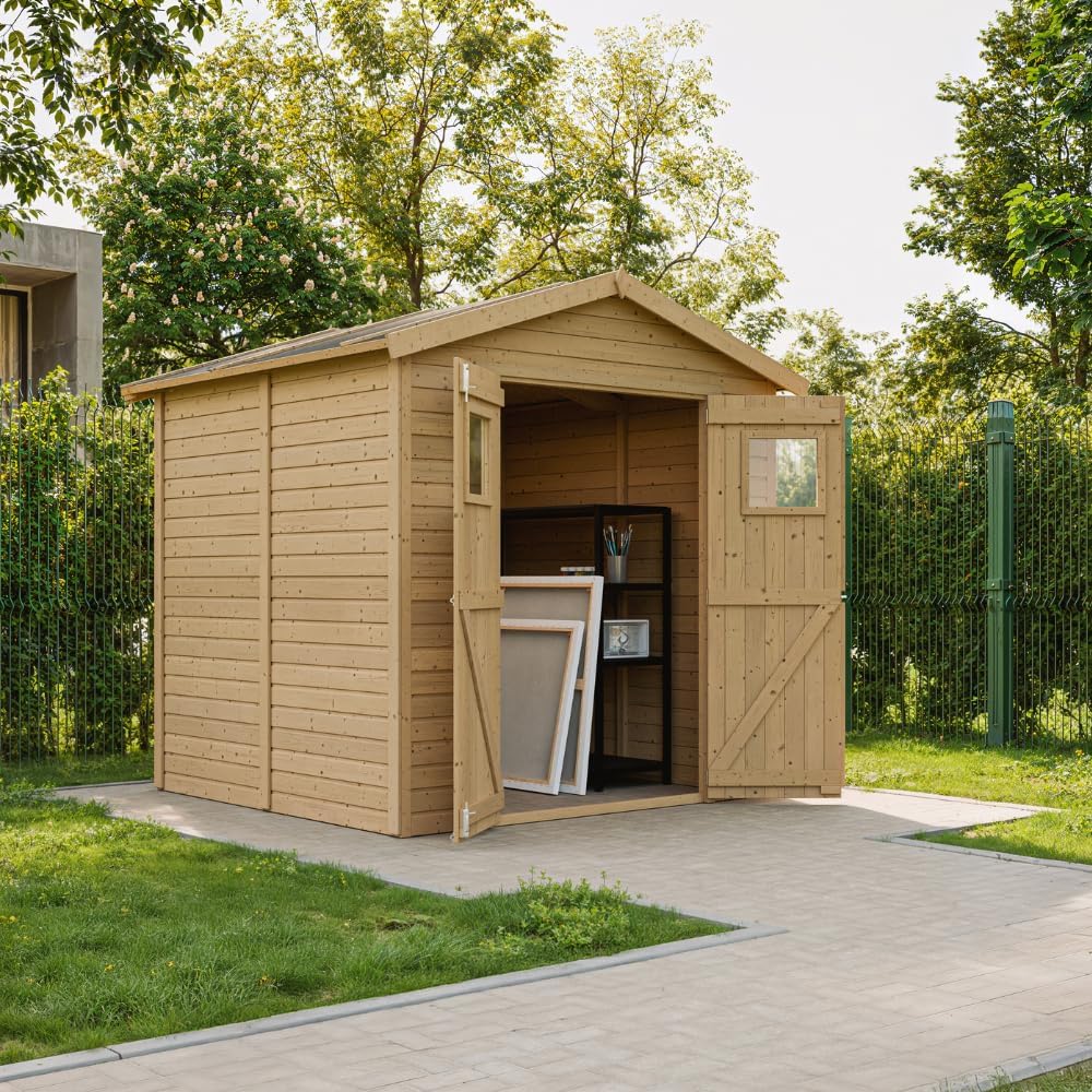 Abri de Jardin en Bois Naturel - Stockage extérieur avec fenêtres H228x222x233 cm/4,2 m² Hangar en Bois Naturel - Atelier Rangement Outils et vélos- etevert M351