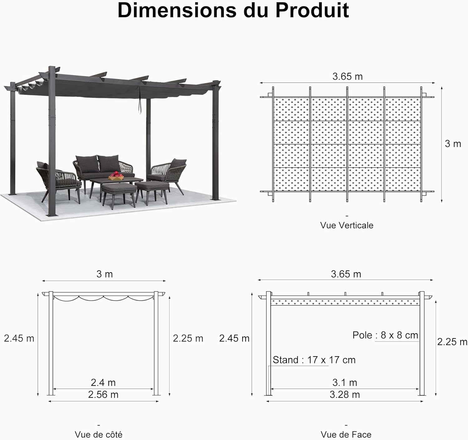 etevert - pergola aluminium - 3,65x3m - toit rétractable LED, tissu gris