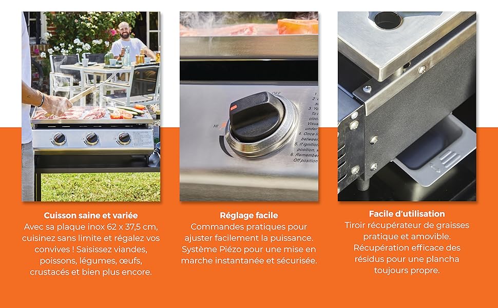Plancha Cadix 3 feux Plaque inox etevert