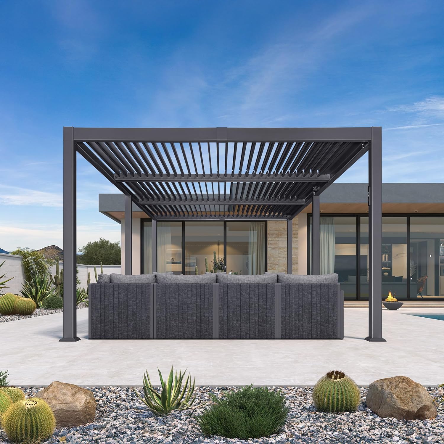 etevert - pergola bioclimatique - 3,5x6,35m - lames LED alu gris