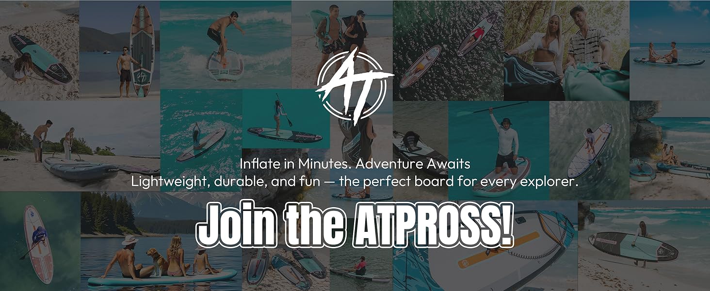 Collage d'activités nautiques mettant en vedette des paddleboards. Le logo central et le texte font la promotion des planches à pagaie gonflables « etevert », mettant l'accent sur les caractéristiques légères, durables et amusantes des loisirs nautiques